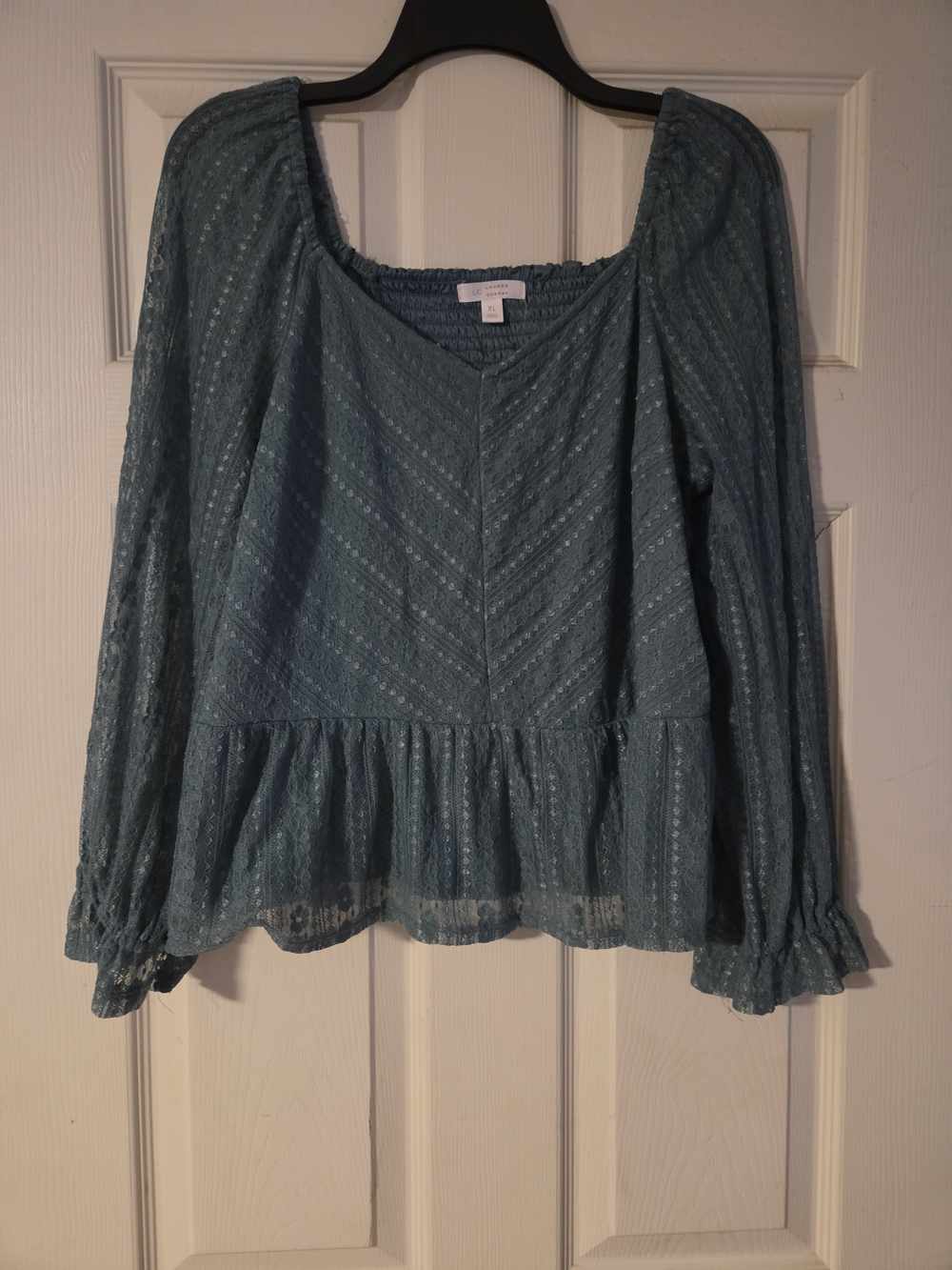 LC Lauren Conrad Teal Lace Peplum Long-Sleeve Blouse
